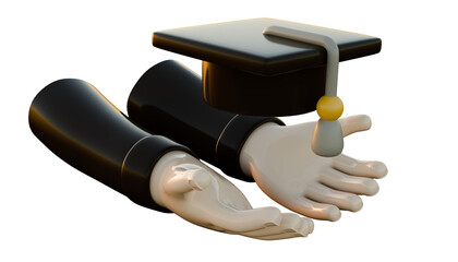 3D render of graduation hands holding a cap, symbolizing education, achievement, success, and academic celebration in a modern minimalist 3D style.