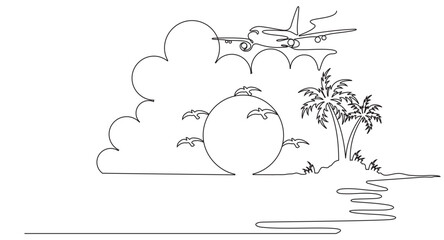 Line art of beach scenery and airplane vector image for greeting banners and others