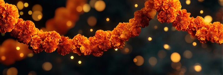 Two Garlands cross each other of bright orange marigold flowers, glowing bokeh lights in the background.