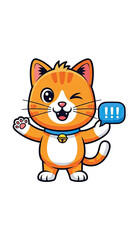 Obraz premium Pixelated Cartoon Orange Tabby Cat Winking and Giving a Thumbs Up with a Speech Bubble Saying '!!!' Wearing a Blue Collar with a Bell Against a