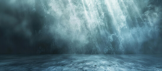 Fototapeta premium Mysterious Rays of Light: Sunbeams pierce through a tumultuous sky, casting an ethereal glow upon a misty, textured surface. Capturing a mood of mystery and serenity. 