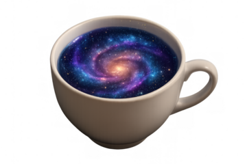 Coffee mug holding a swirling galaxy of stars and cosmic dust, representing thoughts, imagination, and morning energy