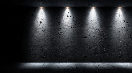 Obraz premium Textured concrete wall illuminated by spotlights creates a dark, modern backdrop.