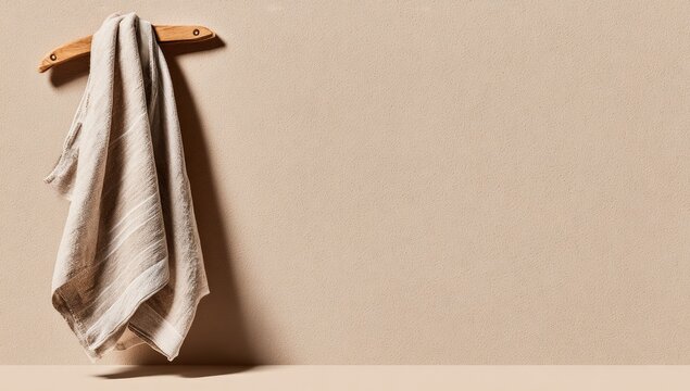 Textured linen towel hangs from a wooden hanger against a neutral wall.