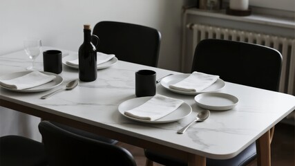 Minimalist dining table set with white plates, black cups, and a dark bottle on a marble surface