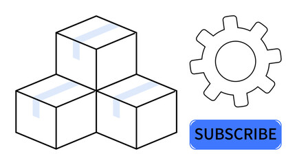 Three stacked boxes with tape, gear and subscribe button emphasizing organization, automation, efficiency. Ideal for logistics, technology, e-commerce, process delivery management settings. A