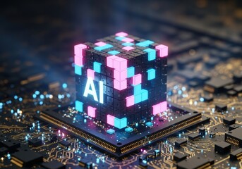 Obraz premium Artificial intelligence concept with a glowing AI cube on a circuit board