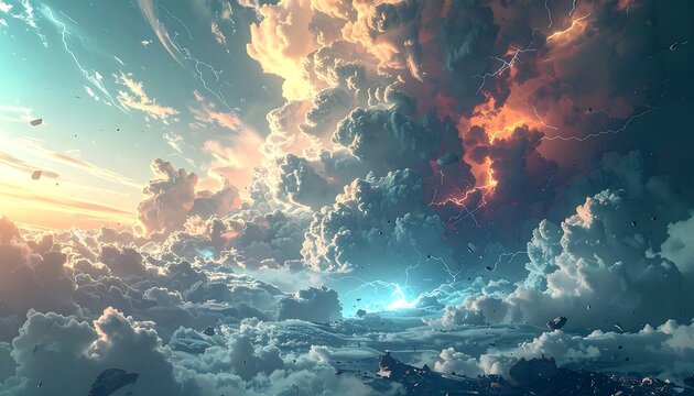 Epic sky with thunder and dramatic clouds over a rocky landscape - Powered by Adobe