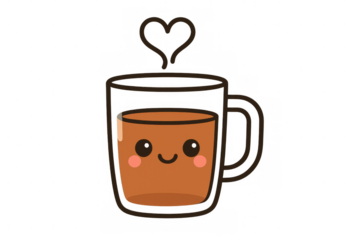 Kawaii coffee or tea mug illustration with cute face and heart steam, double wall glass design on transparent background