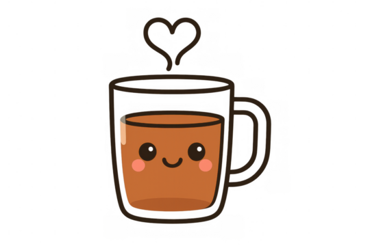 Kawaii coffee or tea mug illustration with cute face and heart steam, double wall glass design on transparent background