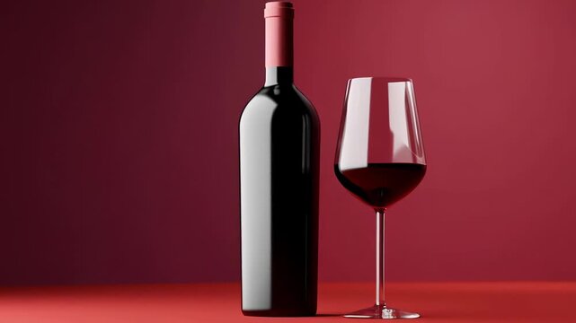 Bottle of red wine and glass of deep ruby wine on red surface with gradient burgundy background in soft light, highlighting elegant minimalism. Concept of luxury wine and premium aesthetics