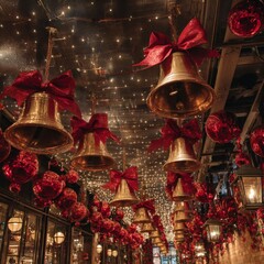 A Festive Display of Ornamental Bells and Red Christmas Decorations Under Twinkling Lights Creating a Magical Holiday Atmosphere