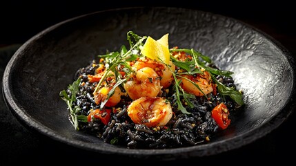 Luxury Black Risotto Dish with Shrimp on Dark Slate for Restaurant Menu
