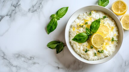 Refreshing Lemon Risotto Plated on Marble Surface for Clean Food Photography