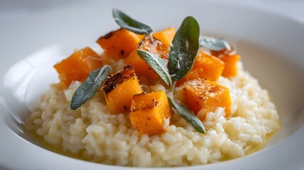 Seasonal Italian Risotto with Pumpkin and Sage Served On White Plate