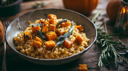 Warm Pumpkin Risotto with Sage in Rustic Bowl for Cozy Autumn Home Cooking