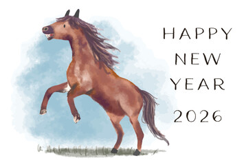 水彩タッチの躍動する馬（午）の力強い新春イラストレーション（年賀状2026）