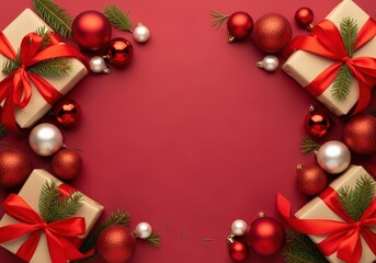 Festive Christmas gifts with red ribbon and ornaments on a vibrant red background