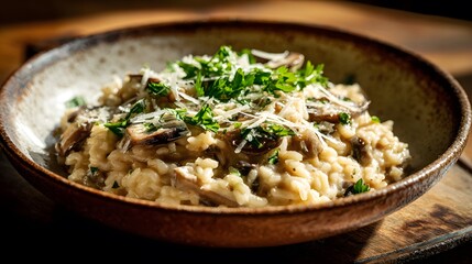 Authentic Creamy Mushroom Risotto with Parmesan and Fresh Herbs in Rustic Italian Setting