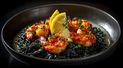 Black Squid Ink Risotto with Shrimp and Lemon in Elegant Fine Dining Setting