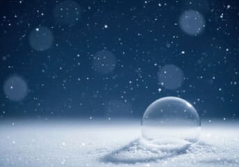 A solitary soap bubble rests in the snow as snowflakes gently fall in the winter
