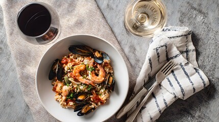 Authentic Italian Seafood Risotto Top View on Elegant White Plate for Fine Dining