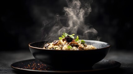 Cinematic Food Photography of Creamy Mushroom Risotto with Steam Rising