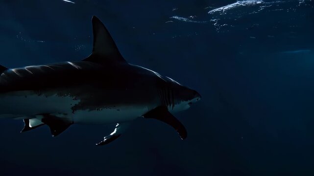A powerful and intimidating silhouette of a great white shark glides gracefully through the deep blue ocean, filmed in majestic slow motion.