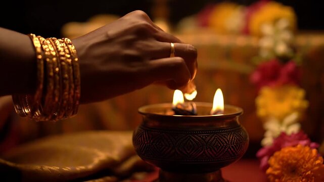 Hand Lighting A Diya Oil Lamp With Golden Bangles And Marigold Garland During A Religious Ceremony With Warm Soft Lighting