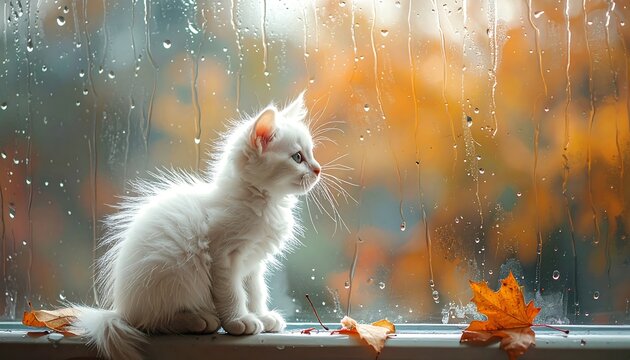 Fluffy white kitten sitting on a windowsill, watching autumn rain
