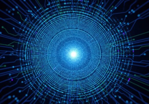 Abstract digital tunnel with glowing light and circuit board design