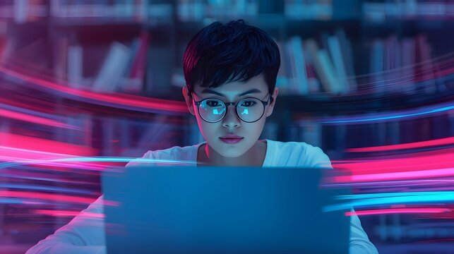 Focused professional working on a laptop in a modern tech environment with neon pink and blue light streaks, symbolizing fast digital workflow, innovation, and futuristic online technology in a librar - Powered by Adobe