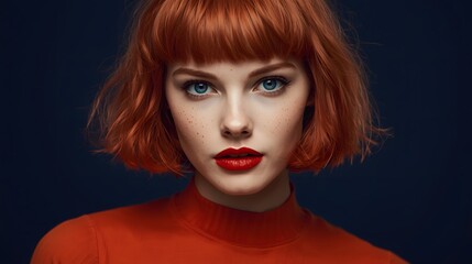 Striking portrait of a young woman with vivid red hair, short bob haircut, bold red lipstick, sharp blue eyes, and smooth studio lighting against a deep dark background, perfect for beauty campaigns a
