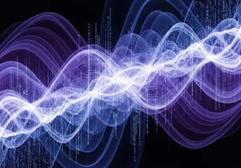 Abstract digital waves with binary code flowing through a purple and blue design