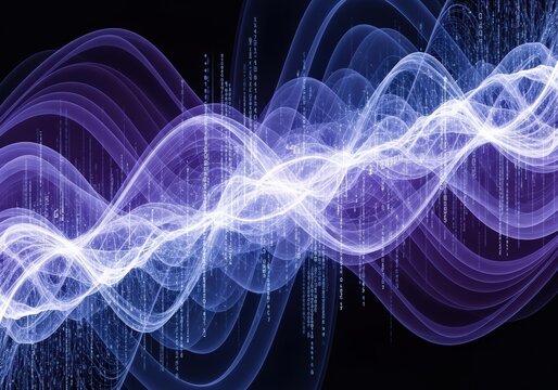 Abstract digital waves with binary code flowing through a purple and blue design