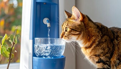 Domestic feline watches water fill a glass