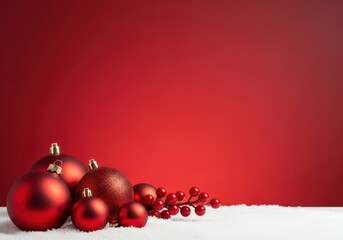 Christmas ornaments with red berries on a snowy surface against a red backdrop