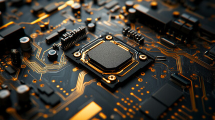 A hyperrealistic AI circuit chip photographed like jewelry, gleaming with metallic details and precision, blending technology with elegance and luxurious aesthetic.
