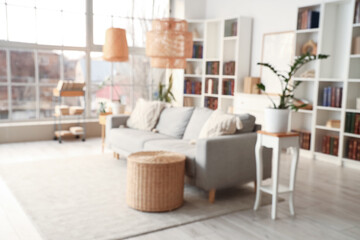 Blurred view of living room with sofa and book shelves near window