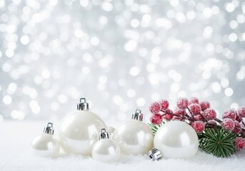 Elegant Christmas ornaments with festive berries and a sparkling background