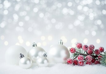 Elegant Christmas ornaments and frosted berries on a snowy background
