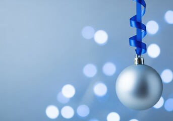Silver Christmas ornament with blue ribbon and bokeh lights background