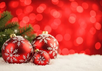 Festive red Christmas ornaments with snowflake design on a snowy surface