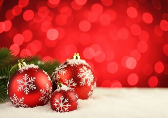 Festive Christmas ornaments with snowflake design on a snowy surface
