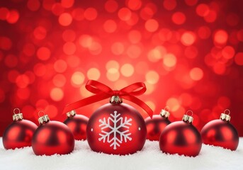 Festive red Christmas ornaments with snowflake design on snow, bokeh background