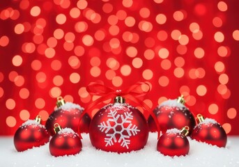 Festive red Christmas ornaments with snowflake design on a snowy surface