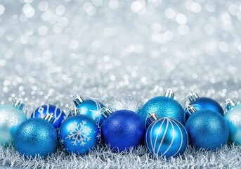 Christmas ornaments in shades of blue with a sparkling bokeh background