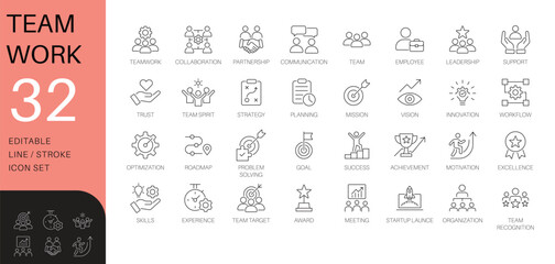 Teamwork and collaboration line icon set. Thin line vector symbols for business, strategy, and success. Includes partnership and leadership icons.