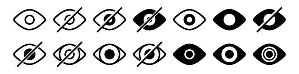 eye icon set. vision icon, see view icons - eyesight symbol - invisible eye hide icon, incognito icon no eye view hidden icon set. vision icon, unsee icons
