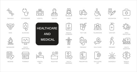 Medical and healthcare line icon set. Thin line vector symbols for hospital, doctor, and pharmacy. Includes telemedicine and vaccination icons.